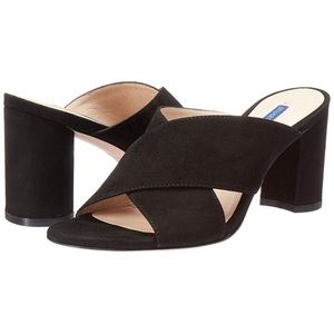 EUC Stuart Weitzman Galene Black Suede Criss Cross Block Heel Mules size 8